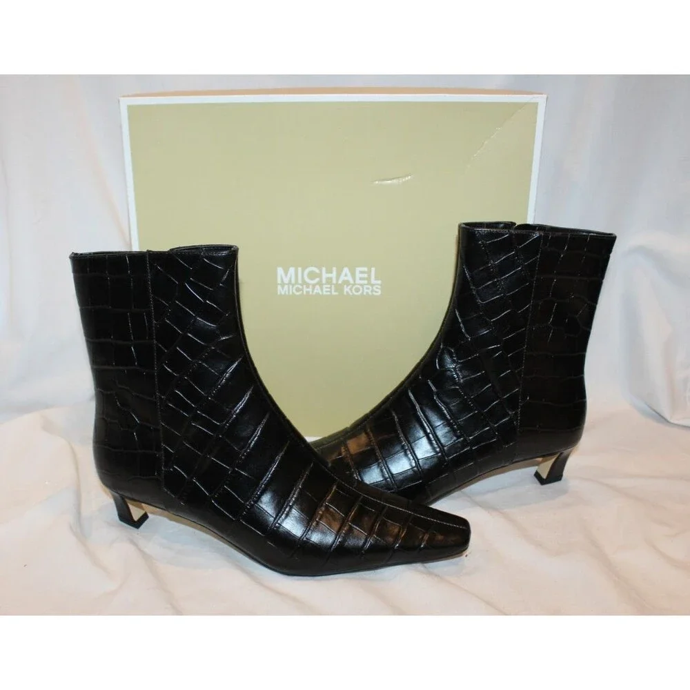 Michael Kors $175 Cosmo Croc-Embossed Bootie Kitten Heels Boots Black NIB 7